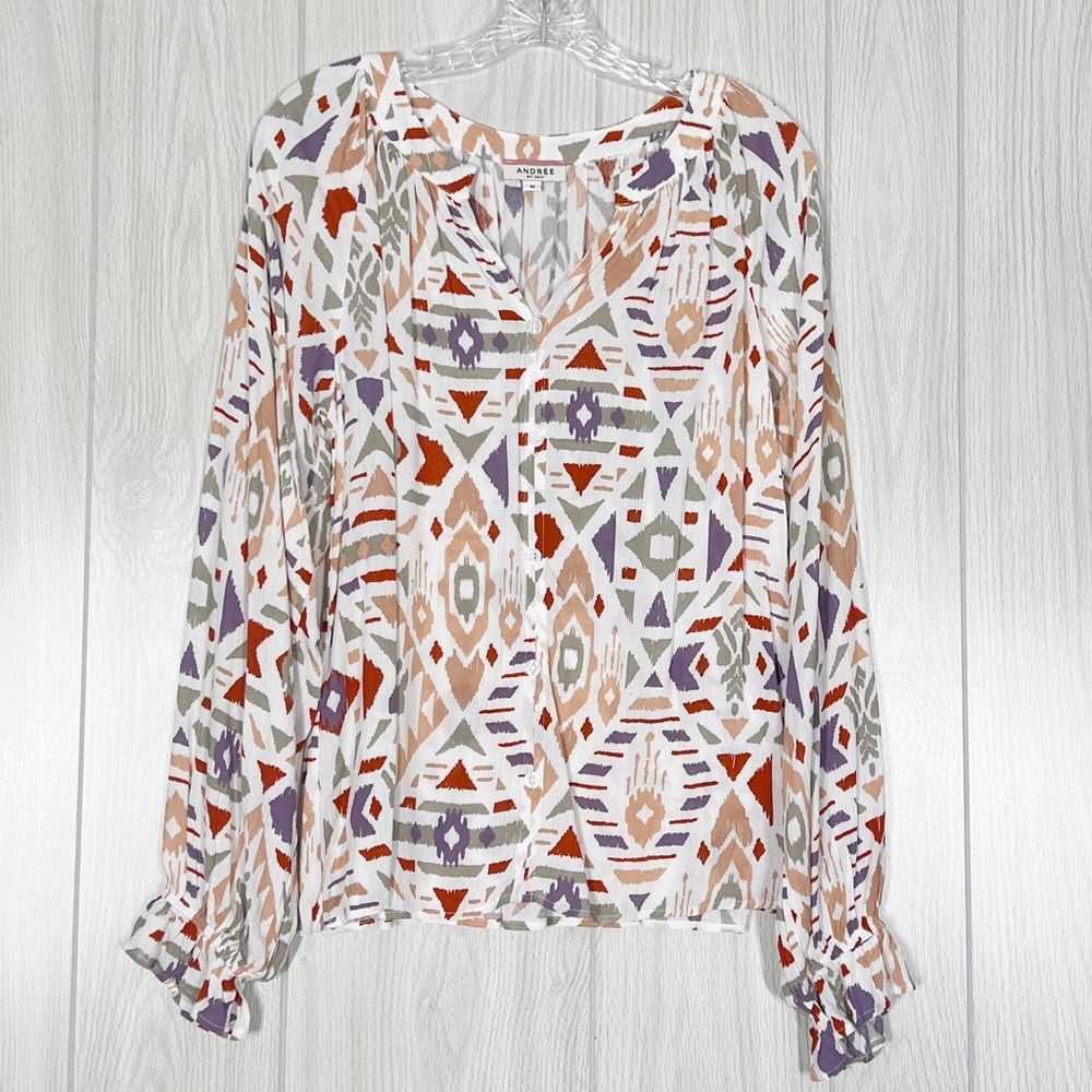 Andree By Unit | Geometric Button Down Balloon Sleeve Blouse Size Medium